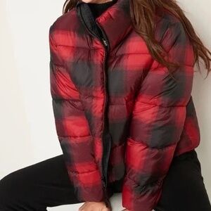 Old Navy Water-Resistant Frost Free Red Buffalo Plaid Short Puffer Jacket NWOT